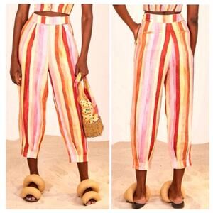 Farm Rio Sunny Stripe Linen Balloon Pants Pink Orange Pockets Sz XS